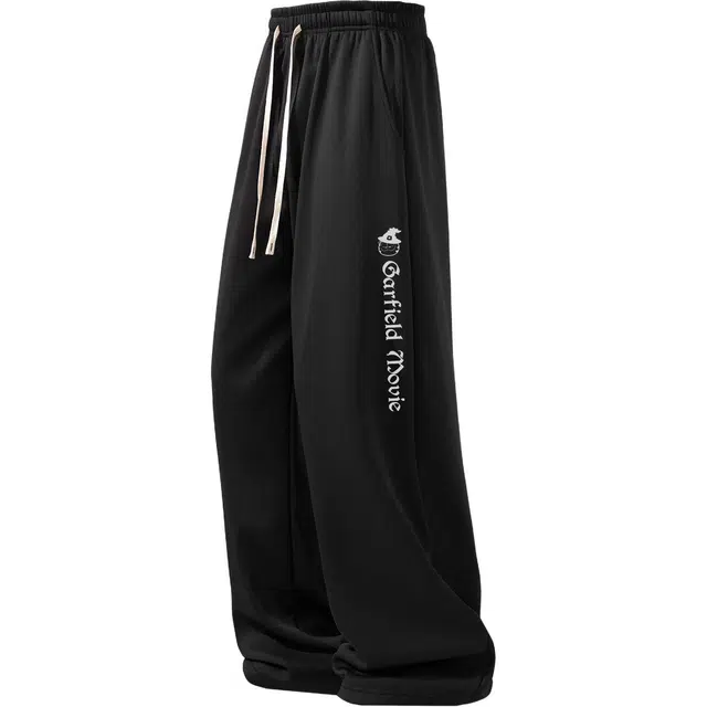 加菲猫家族 卡通动漫加菲猫图案字母印花宽松舒适日常通勤百搭美式高街痞帅直筒垂感阔腿松紧系带中腰针织运动裤 男女同款