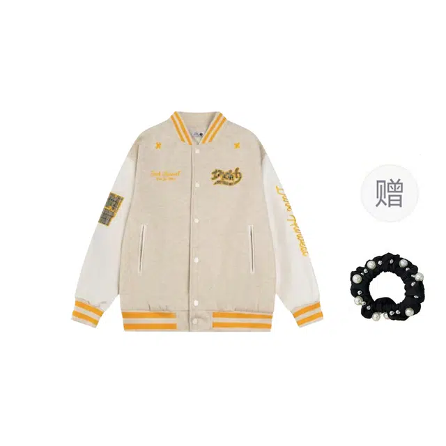 雾闪闪 美式复古高街刺绣棒球服男女春秋款初中高中学生宽松外套夹克 女款