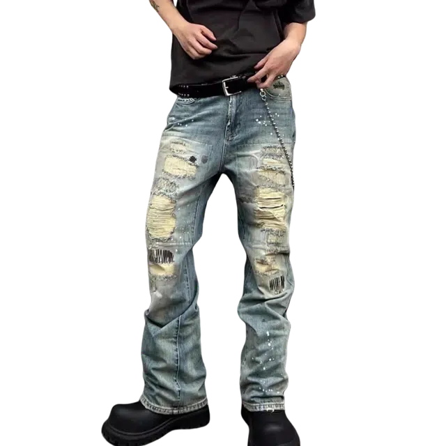 冈哉  美式潮流潮牌个性复古嘻哈潮搭宽松百搭高街废土风解构泼墨破洞做旧手工磨洞经典简约无性别主义日常通勤休闲牛仔裤 男女同款