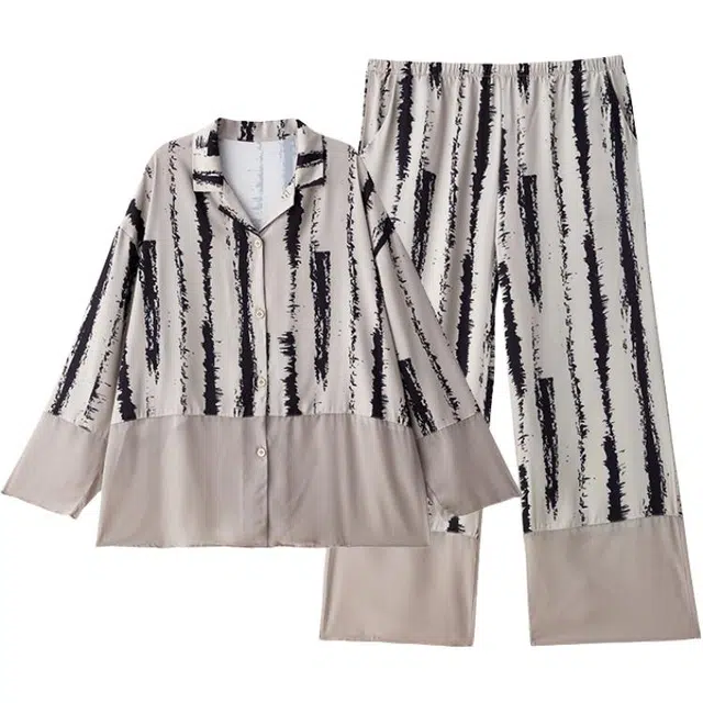 俏薇妮 简约带胸垫一体春秋冰丝长袖长裤条纹可外穿睡衣套装 女款