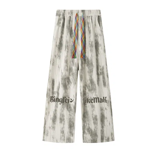 冰飞 美式复古高街设计彩虹抽绳创意趣味字母印花图案脏脏扎染宽松百搭时尚潮流日常户外通勤舒适休闲裤 男女同款