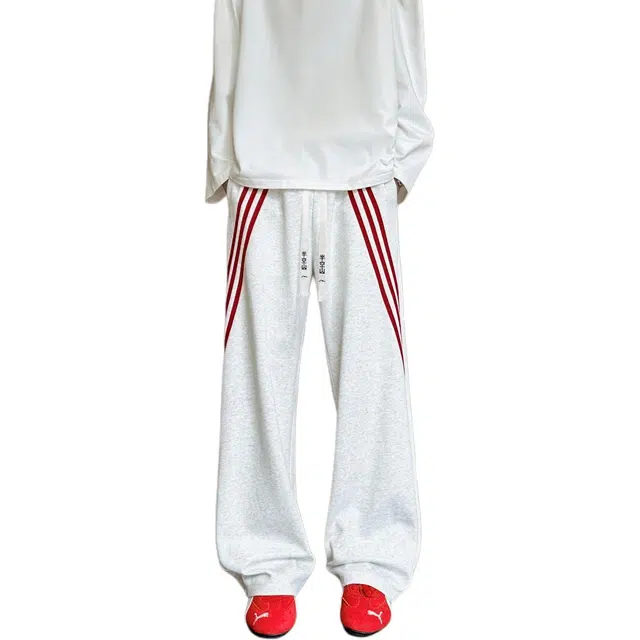 半空山 美式复古高街宽松百搭阔腿三条扛条纹拼接直筒休闲裤 男女同款