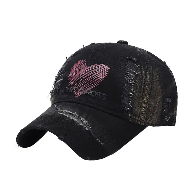 浪莎 韩式复古做旧破洞爱心刺绣高街徒步户外休闲度假太阳帽防晒 棉 鸭舌帽 男女同款情侣款