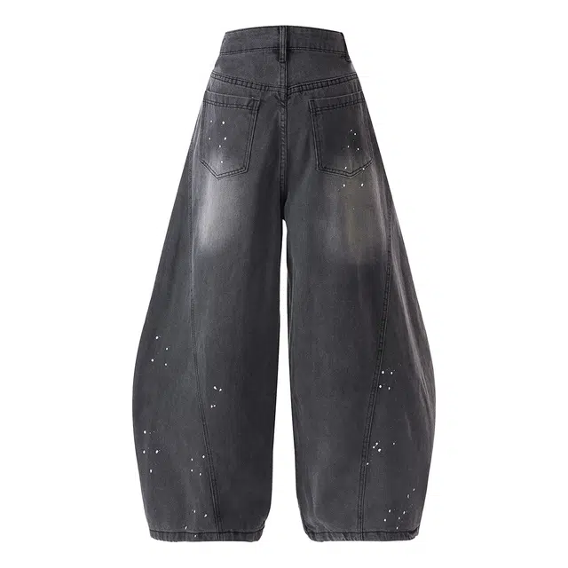 行更远 美式复古高街水洗黑泼墨设计感宽松解构阔腿牛仔裤 男女同款