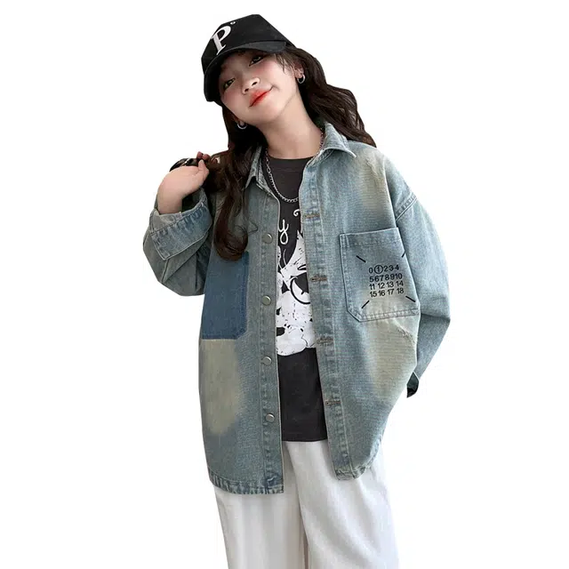 帕兰朵 女童春秋季洋气时尚字母绣花外套牛仔衬衫 青少年