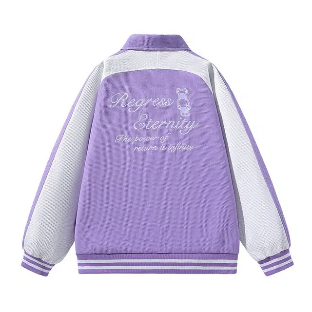 太子龍 街头风美式撞色拼接刺绣小熊宽松舒适时尚无性别主义翻领长袖青少年学院风夹克 男女同款