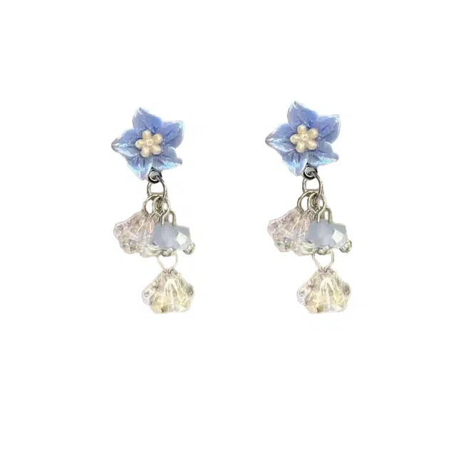 澜耀 青瓷听雨 新中式 森系滴釉花朵耳饰 蓝色水晶流苏耳坠#好运 合金 耳环 女款