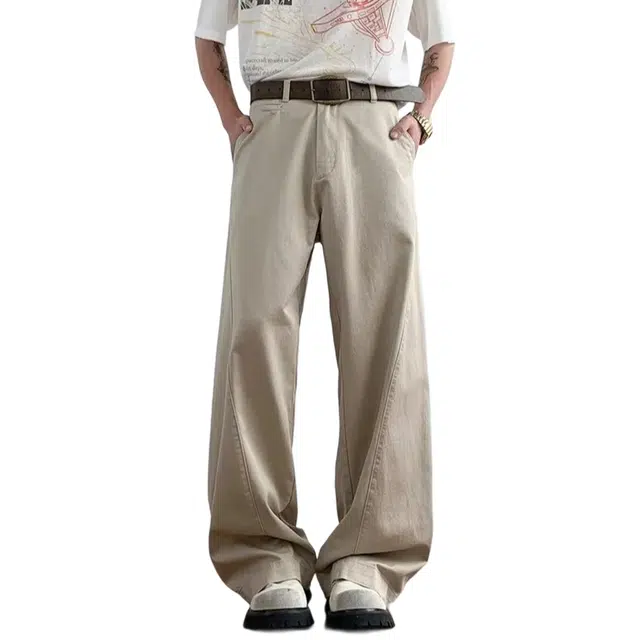 冈哉 解构拼接纯色简约基础款弯刀裤设计美式高街复古宽松阔腿直筒显高百搭伐木裤垂感拖地休闲裤 男女同款