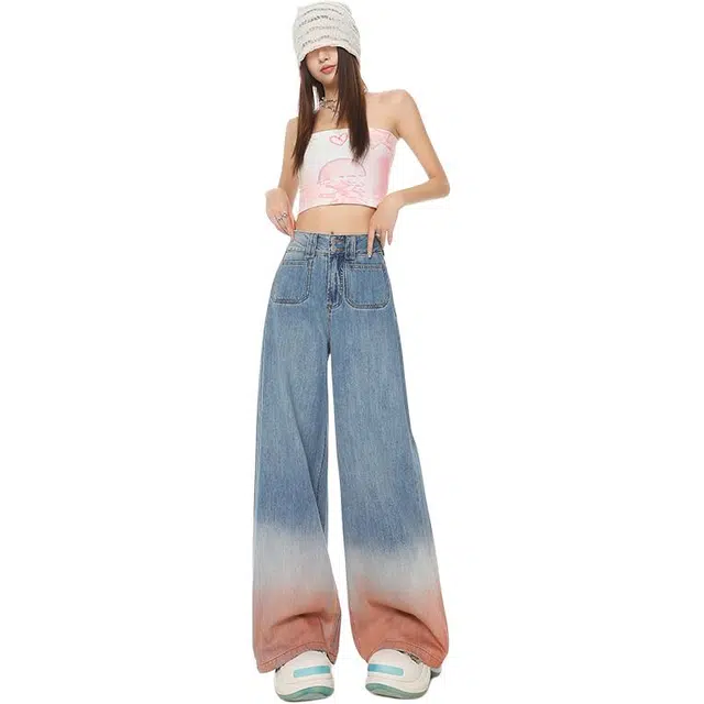 拾籍 复古潮流设计感渐变色高腰宽松阔腿女显瘦直筒拖地裤牛仔裤 女款