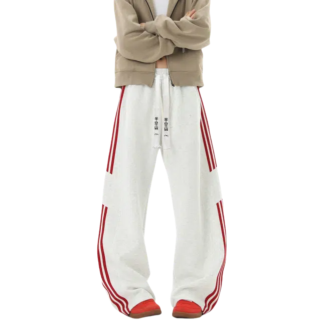 半空山 美式复古条纹拼接系带舒适柔软透气宽松直筒百搭阔腿休闲裤 男女同款