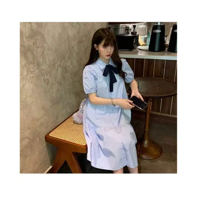 望莱仕 宽松纯色蝴蝶结装饰简约短袖连衣裙 女款
