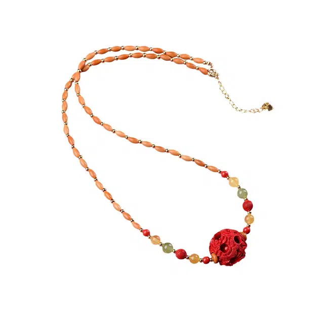 茂琼 高含量鬼工球橄榄核时尚民族风龙凤玲珑球高级感#好运 朱砂 项链 男女同款情侣款