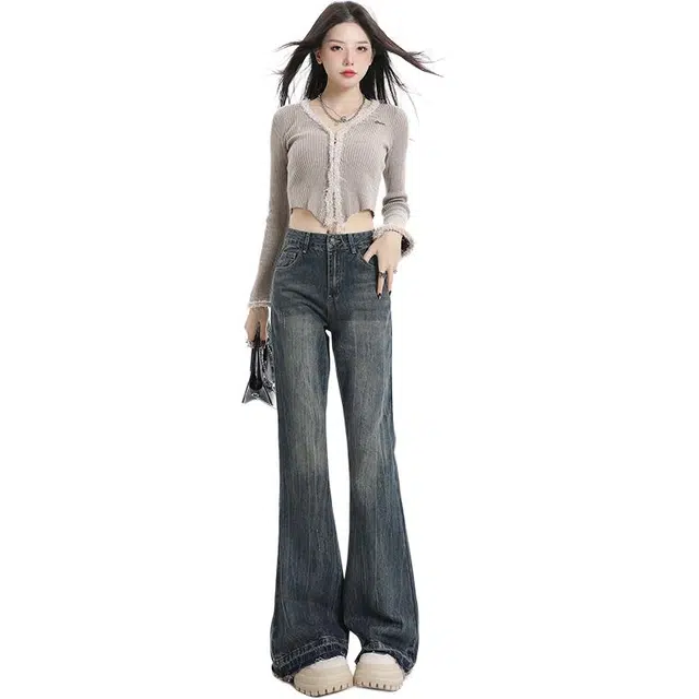 拾籍 复古风格微喇怀旧设计高腰显瘦时尚简约百搭款式版型修身喇叭裤牛仔裤 女款