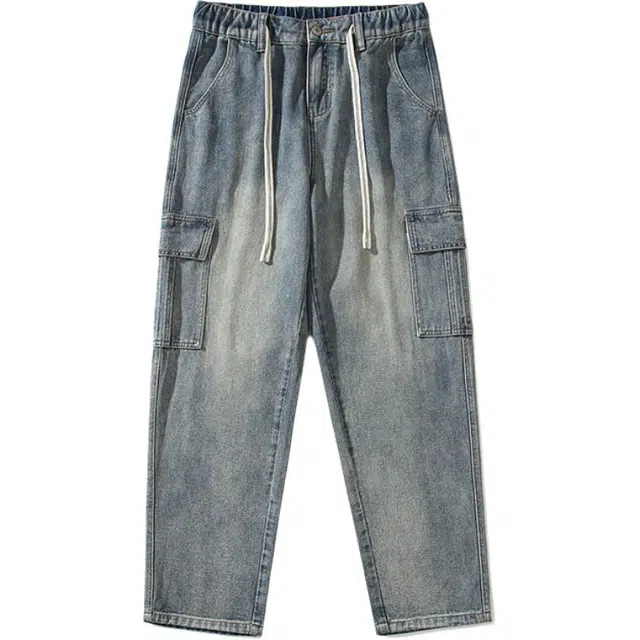 华夏儿女 秋季薄款宽松直筒港风阔腿裤男女同款基础款百搭多色松紧水洗拖地牛仔裤 男款