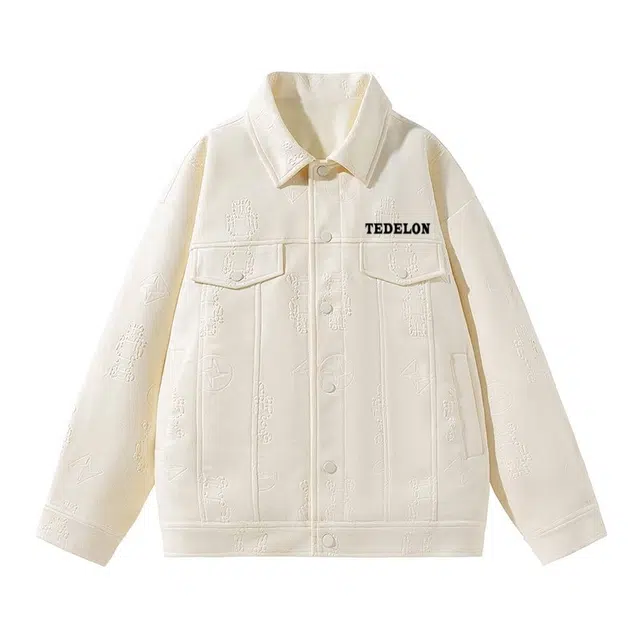 太子龍 美式复古做旧高街基础款学院风翻领满印休闲宽松上衣时尚百搭舒适防水青少年外穿夹克 男女同款