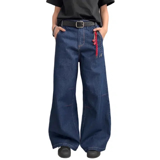 冈哉 美式复古解构拼接褶皱个性潮流设计纯色基础款日常通勤百搭宽松休闲廓形时尚垂感阔腿拖地牛仔裤 男女同款