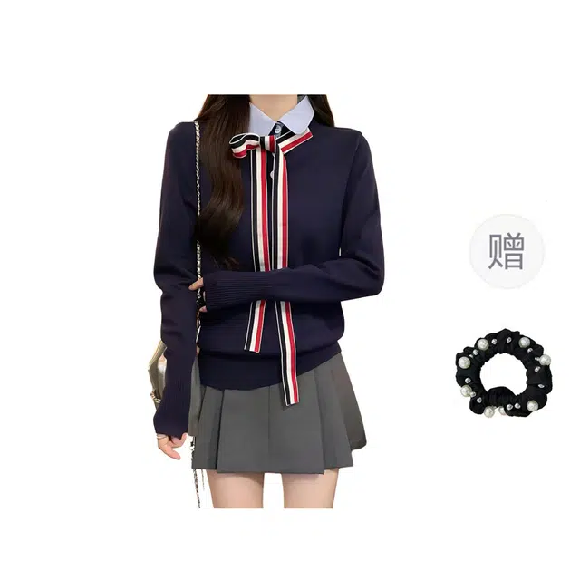 雾闪闪 条纹女潮衬衫领短款修身打底衫保暖针织衫 女款