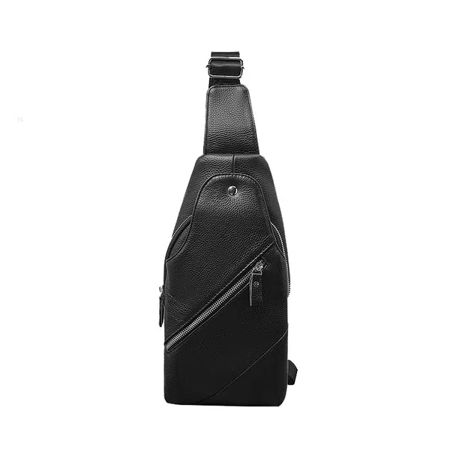 老人头 商务通勤休闲简约时尚斜挎包 头层牛皮 胸包 常规 男款 黑色