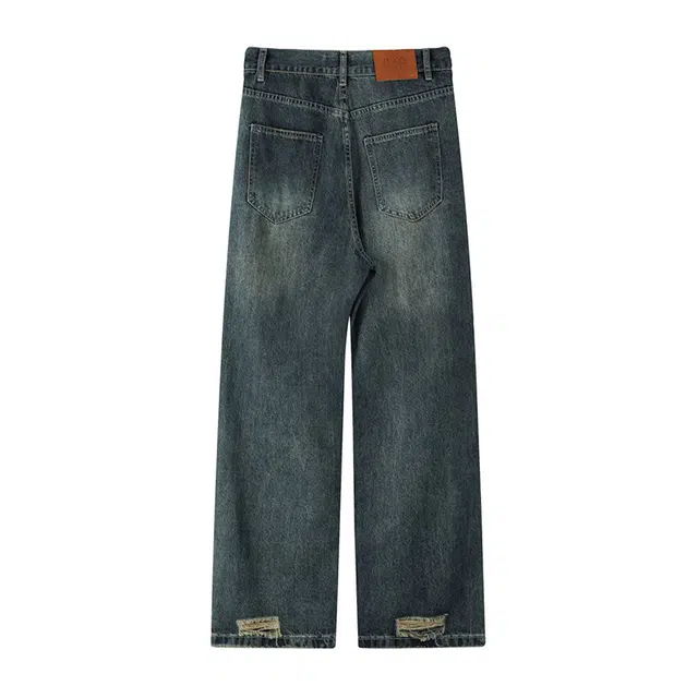 金贝勒 美式高街潮牌复古水洗做旧解构破洞毛边拼接设计透气亲肤凉感街头痞帅潮流舒适百搭宽松休闲垂感拖地牛仔裤 男女同款