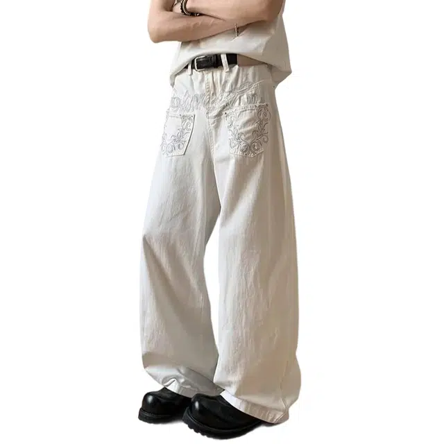 冈哉 美式复古解构错位口袋弯刀个性反穿刺绣设计宽松通勤旅行百搭情侣直筒休闲牛仔裤 男女同款