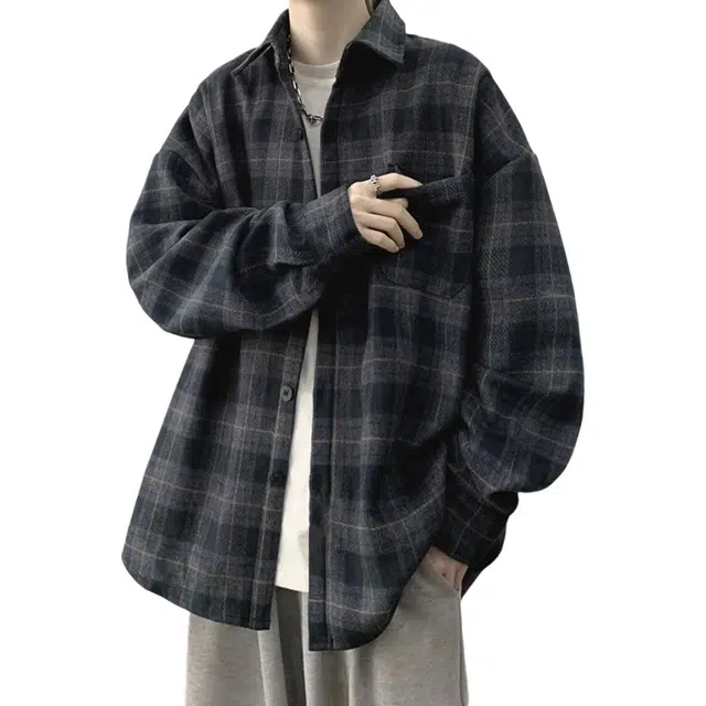 顶峰保罗 美式复古格子衬衣宽松百搭无性别主义小众设计感痞帅外套休闲简约时尚开衫直筒长袖衬衫 男女同款