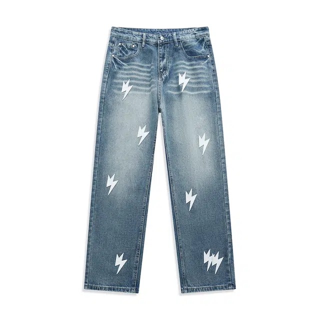 华夏儿女 秋冬季男女同款美式潮牌微宽松直筒蓝白闪电贴皮牛仔裤 男款