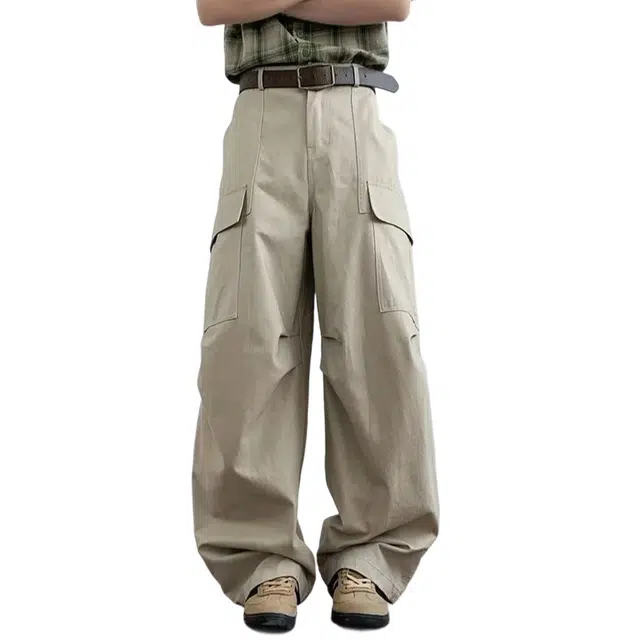 冈哉 多口袋褶皱拼接纯色简约设计美式机能复古潮流小众松弛感慵懒风高级感宽松阔腿工装休闲裤 男女同款