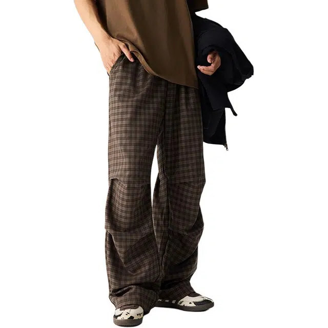 潮人榜 格子直筒长裤宽松裤腿打褶春夏薄款垂感弹力文艺森系休闲裤 男女同款