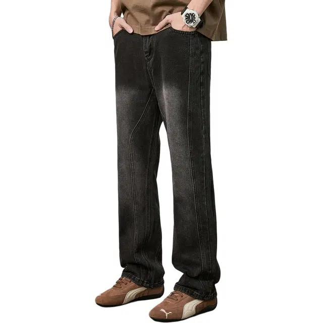 童先森 有型系列 潮牌复古拼接水洗痞帅宽松直筒牛仔裤 男款