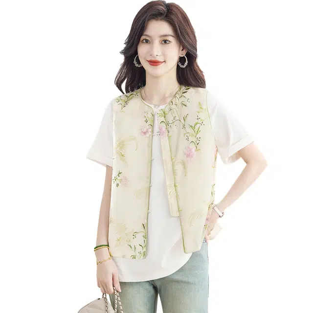 丝柏舍 单排扣新中式国风花朵刺绣清新叠穿气质圆领复古马甲 女款