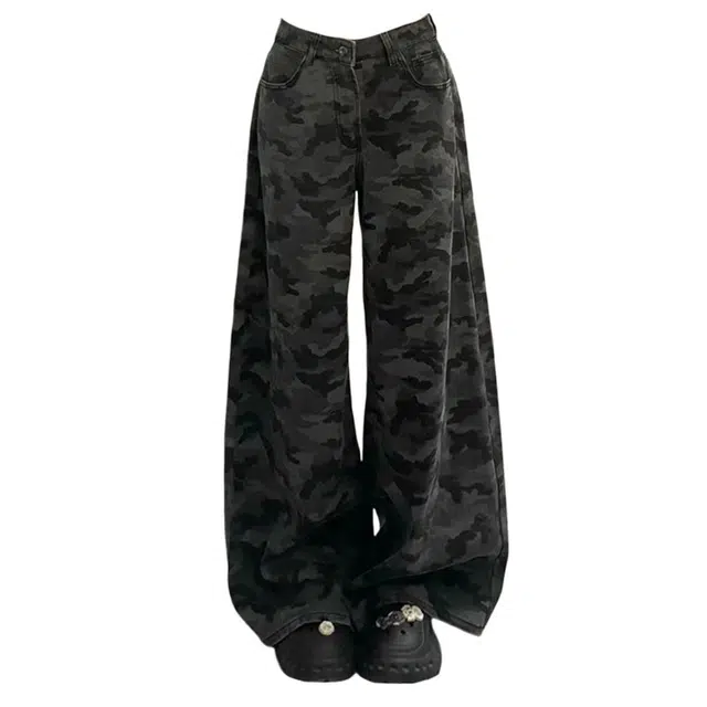 海獭 高腰宽松直筒拖地长裤大码胖妹妹设计感美式复古迷彩阔腿牛仔裤 女款