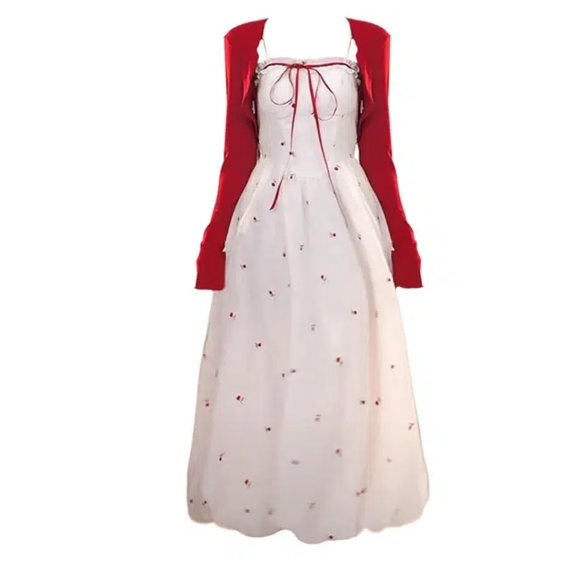 海獭 大码胖妹妹法式甜美少女碎花吊带连衣裙长裙开衫裙装套装两件套 女款