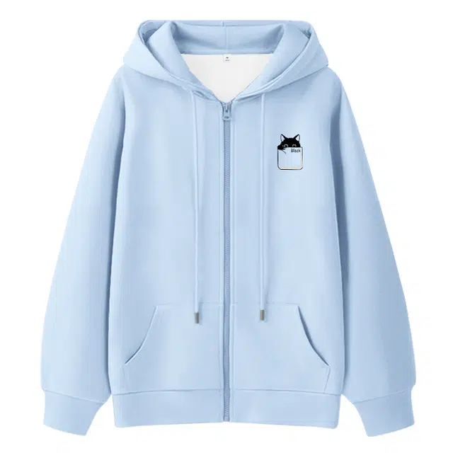 棉致 口袋黑猫简约纯色牛奶丝复合抗皱无性别主义宽松落肩休闲卫衣 男女同款