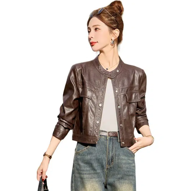 稻草人 时尚简约百搭舒适圆领短款休闲长袖外套皮衣 女款