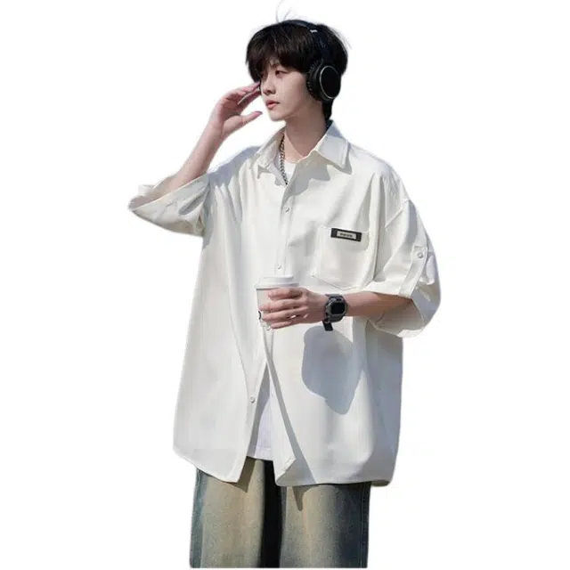 颂希尔 日系复古潮牌山系垂感顺滑抗皱衬衣纯色夏季薄款潮流帅气慵懒清爽百搭港风显瘦舒适通勤半袖上衣衬衫 男女同款