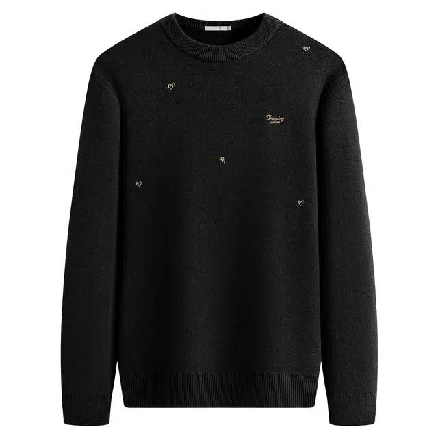 与狼共舞 轻奢羊毛时尚散点重工刺绣舒适保暖亲肤超柔软圆领套头毛衣 男款