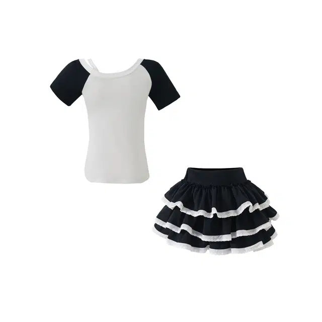 花山家的猫 日系可爱印花短袖辣妹修身显瘦上衣蕾丝边拼接蛋糕蓬蓬裙裙装套装 女款