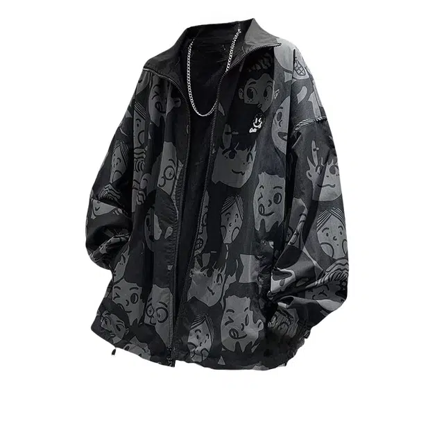 半空山 美式高街双面穿个性图案满印设计潮流宽松百搭翻领夹克外套 男女同款