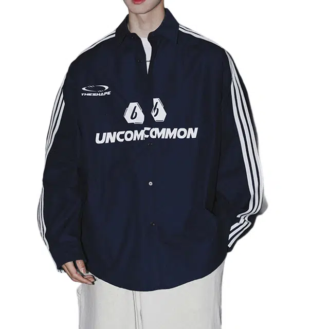 冈哉 美式三条杠运动衬衣外套字母印花纽扣翻领设计纯色简约落肩宽松休闲百搭学院风长袖衬衫 男女同款