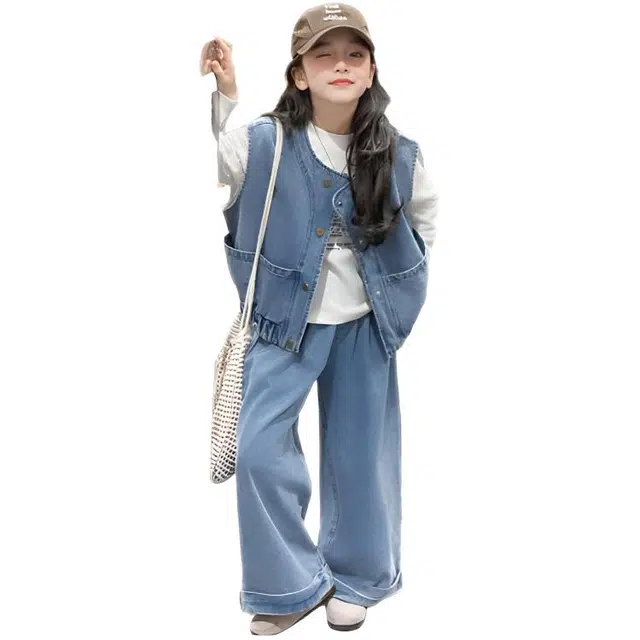 比比我休闲运动套装  女童春秋季牛仔马甲大童潮牌小孩衣服 小女孩长袖洋气时髦 舒适帅气轻便