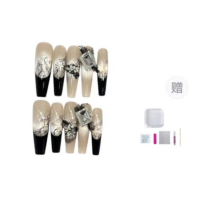 几多萌 【神秘面纱】穿戴甲纯手作黑色法式玻璃猫眼美甲蕾丝  长款黑金晕染