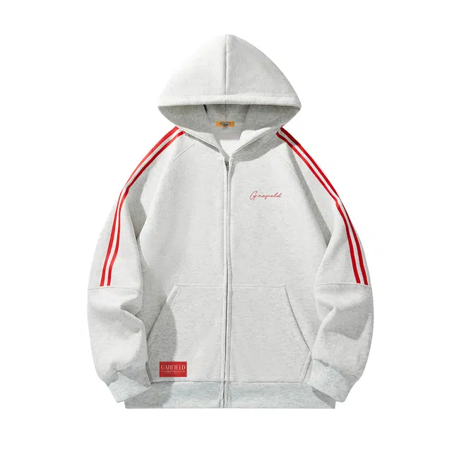 加菲猫家族 美式复古高街落肩创意手绘英文字母印花两条杠条纹休闲长袖上衣外套潮流百搭亲肤透气无性别主义帽衫宽松连帽开衫卫衣 男女同款