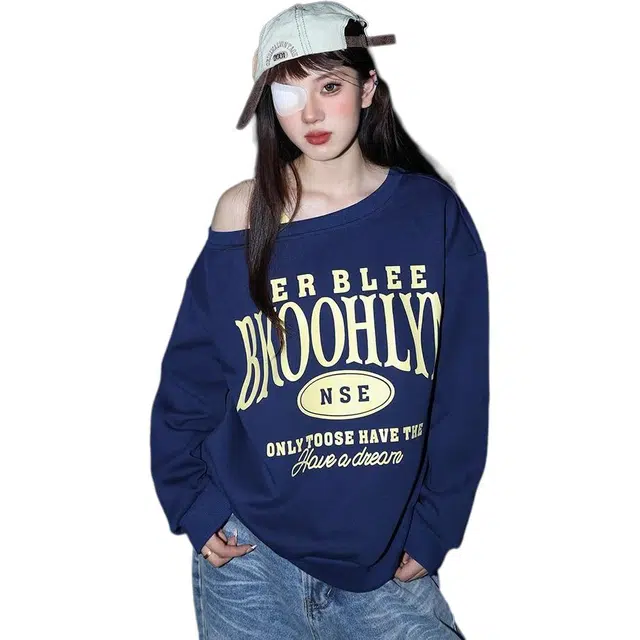 柏黛妃 美式复古字母印花斜肩女秋季宽松休闲慵懒风上衣卫衣 女款