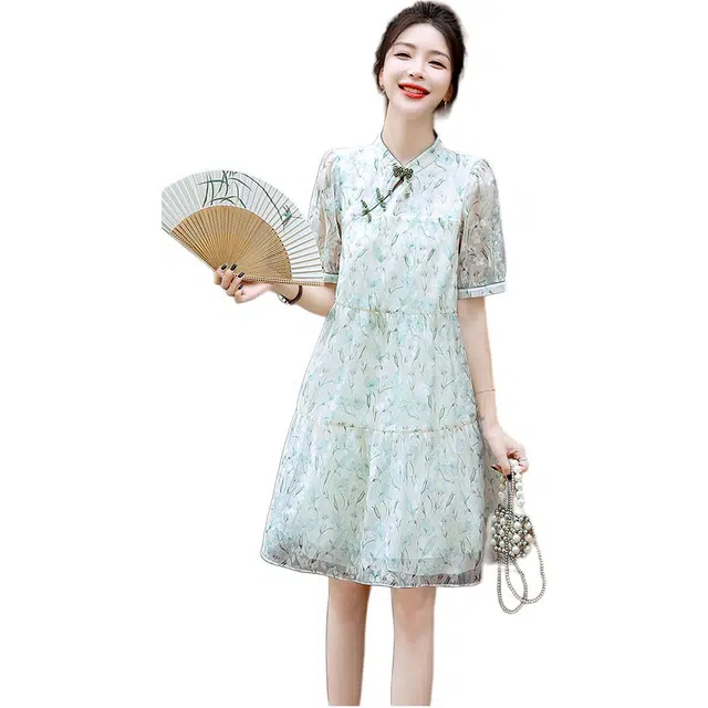 沐晓欣 碎花旗袍裙女夏季国风立领新中式气质减龄裙子短袖连衣裙 女款