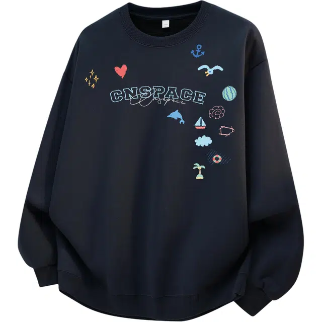 中国航天 创意图案涂鸦字母印花设计潮牌休闲时尚百搭舒适透气无性别主义宽松圆领落肩套头情侣长袖卫衣 男女同款