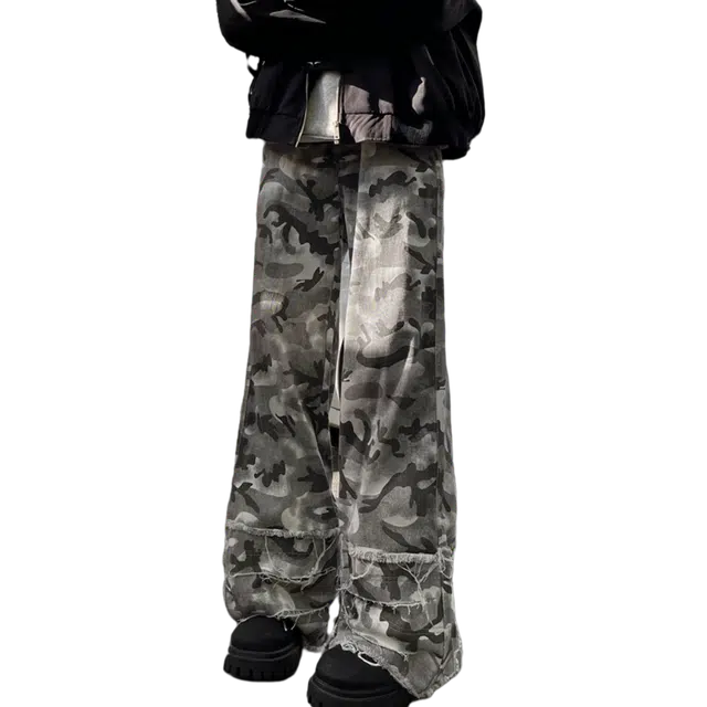 冈哉 美式潮流潮牌复古嘻哈宽松百搭高街拼接毛边堆叠感设计感经典简约无性别主义垂感迷彩日常通勤休闲工装裤 男女同款