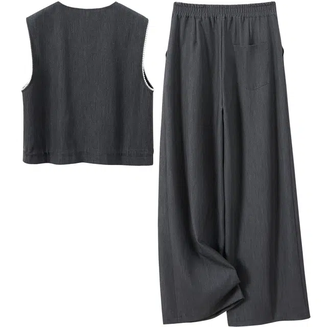 她池 圆领单排扣马夹搭阔腿高腰裤休闲套装 女款