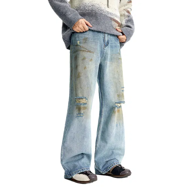 潮人榜 美式复古水洗做脏微喇裤男士宽松直筒休闲阔腿破洞牛仔裤 男女同款