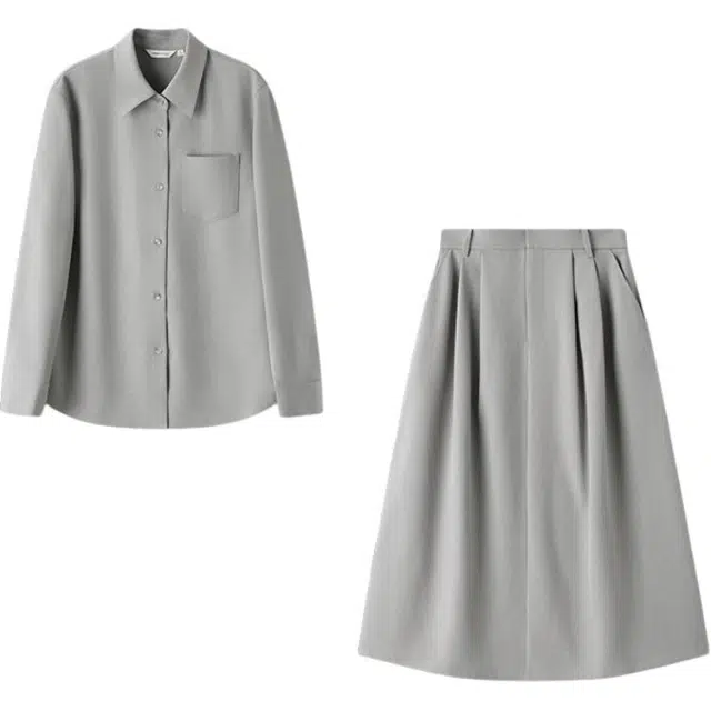 潞优野 简约设计通用两件套质感百搭衬衫领外套式半身裙女气质款式装纯色立体剪裁秋季休闲套装 女款