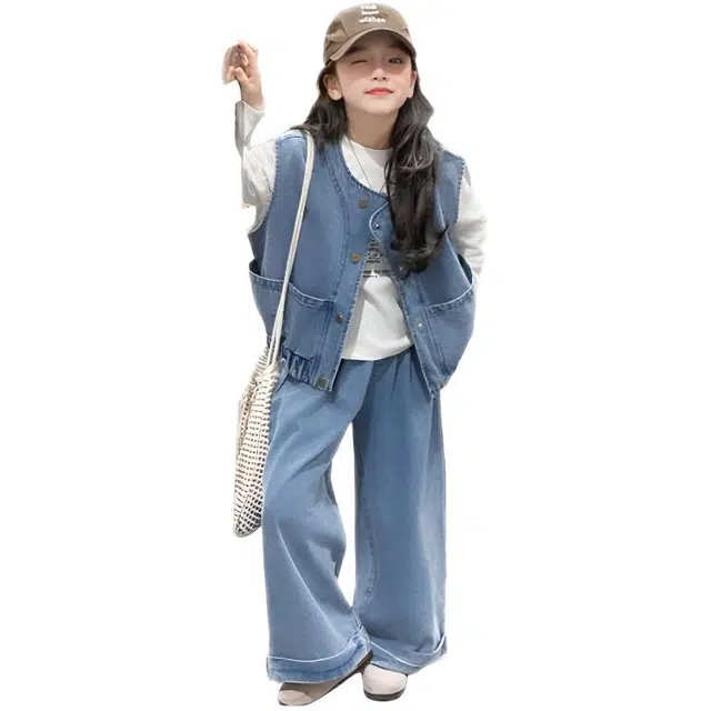 天才小熊休闲运动套装  女童春秋季牛仔马甲大童潮牌小孩衣服 小女孩长袖洋气时髦 舒适帅气轻便